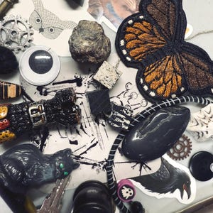 May include: A collection of assorted items including a monarch butterfly patch, a black cat figurine, a metal key, a googly eye, a small rock, a gear, a black stone, a raven sticker, a skull bead, a black button, and various small decorative pieces.