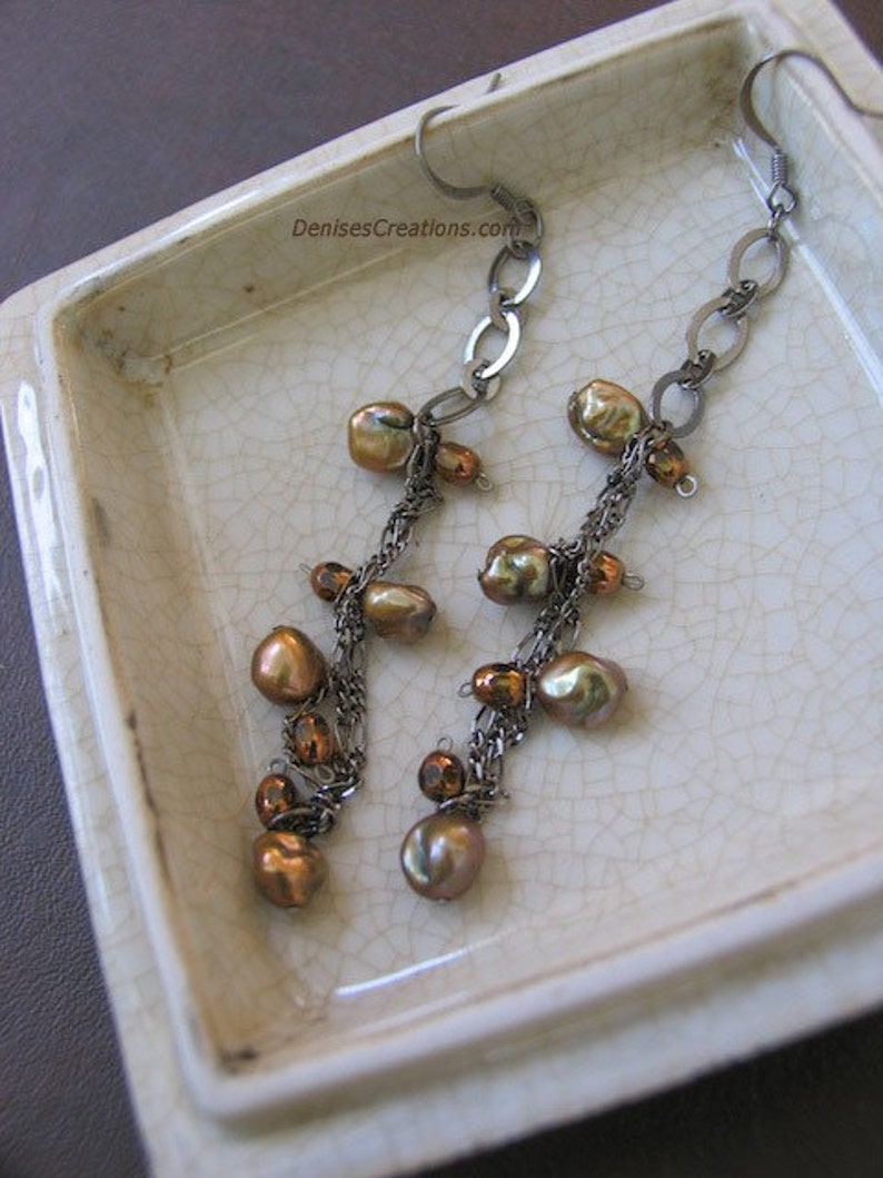 Dangling Brown Copper Bronze Keishi Pearl Earrings by Denise Sloan