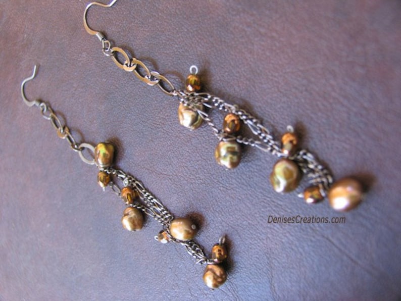 Dangling Brown Copper Bronze Keishi Pearl Earrings by Denise Sloan