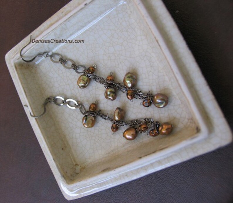 Dangling Brown Copper Bronze Keishi Pearl Earrings by Denise Sloan