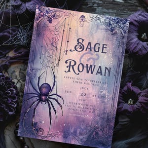 May include: A wedding invitation with a gothic theme. The invitation features the names "Sage & Rowan" in elegant script, with a large spider illustration. The background has a gradient of purple, pink, and blue hues, with decorative floral elements.