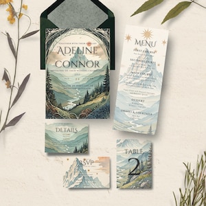 Suite di cancelleria per matrimonio fantasy adventure LOTR DND, invito per matrimonio personalizzato Canva, modificabile, personalizzato
