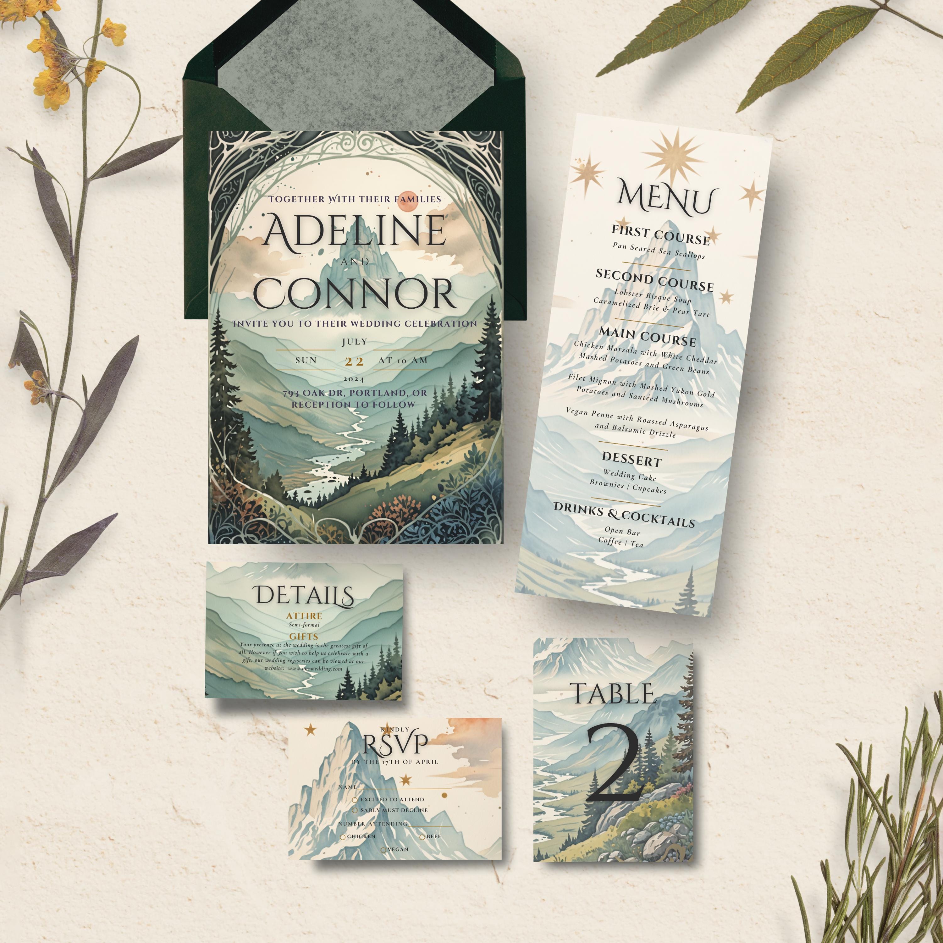Fantasy Adventure LOTR DND Hochzeit Stationäre Set, Benutzerdefinierte Canva Hochzeitseinladung, bearbeitbar, personalisiert