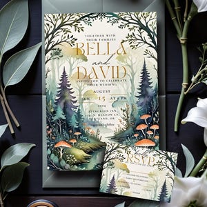 Plantilla de invitación de boda con temática de bosque de hongos, invitación de boda personalizada de Canva y tarjeta RSVP, boda en la naturaleza, digital, editable y personalizada.
