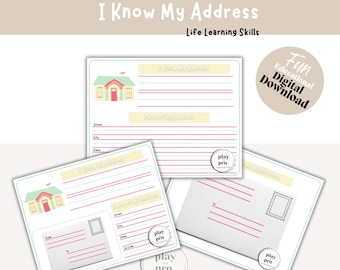 May include: Printable worksheet for kids to practice writing their address. The worksheet features a cartoon house and the text "I Know My Address".