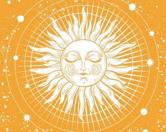 May include: A white sun with a closed-eye face and a detailed design is surrounded by a circular pattern of white lines on a yellow background with white dots.