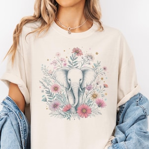 Elephant Floral T-Shirt, Vintage Inspired Elephant Tee, Comfort Colors Safari Shirt, Animal Lover, Nature Lover Gift, Boho Zoo Animal Shirt