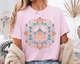 Boho Lotus Mandala T-Shirt, Spiritual Yoga Tee (S-4XL, Soft Cotton)