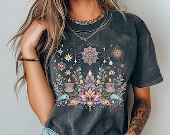 Boho Yoga T-Shirt, Lotus Flower, Nature Lover (Comfort Colors Tee)