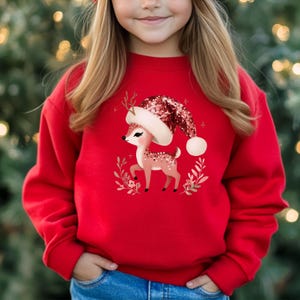 Youth Christmas Sweatshirt, Watercolor Reindeer Santa Hat, Kids Winter Pullover
