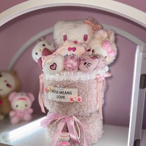 SALE Hello kitty’s Cute Pink Kawaii Kitty cartoon plushie bouquetkeyring customisable pink ribbon gift for her for mum for girls