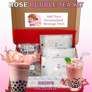 Kit de té de burbujas con rosas para hacer uno mismo: regalo para buzón de correo, para 3 personas, incluye pajitas, perlas de tapioca y receta, apto para vegetarianos, halal y con pegatinas gratis