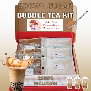 DIY Brown Sugar Bubble Tea Kit – Geschenkanhänger | Machen Sie 3 Boba Tea Portionen zu Hause | Inklusive Tapioca Perlen, Strohhalme & Rezept | Gratis Sticker
