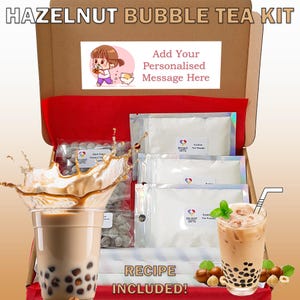 Kit de té de burbujas con avellanas para hacer uno mismo: regalo para buzón de correo, para 3 personas, incluye té de burbujas, pajitas de papel y receta, vegetariano, halal, pegatina gratis