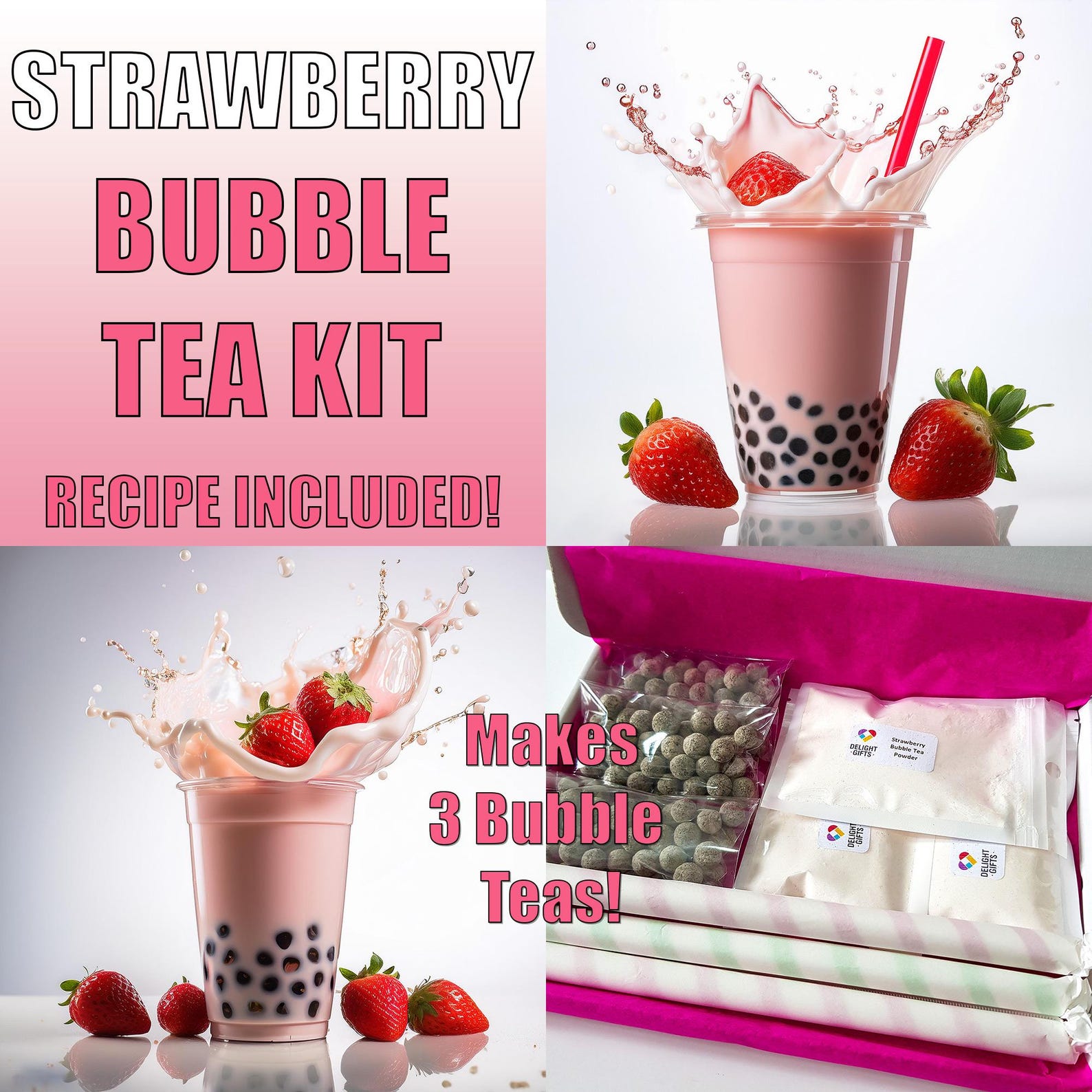 DIY Strawberry Bubble Tea Kit – Makes 3 Servings With Recipe, Boba and ...