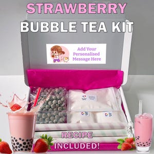 Kit de té de burbujas de fresa para hacer tú mismo: prepara 3 porciones con receta, té de burbujas y pajitas / Regalo perfecto para los amantes del té de burbujas / Adhesivo gratuito