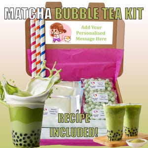 DIY Matcha Bubble Tea Kit – Letterbox Gift | Makes 3 Servings | Includes Tapioca Pearls, Straws & Recipe | Vegetarian | Halal | Free Sticker