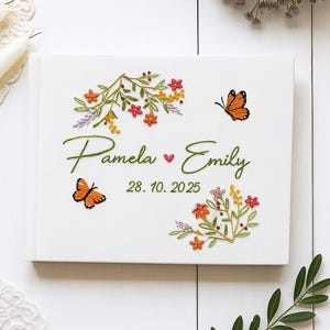 Colorful Flowers Wedding Guest Book, Personalized Wedding Guestbook Ideas, Custom Hand Embroidered Linen Hardbound Scrapbook, Memory Book