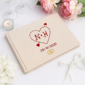Custom Hand Embroidered Guest Book, Photo Album, Heart Arrow Design, Linen Wedding Guest Book, Memory Book, Handmade Fabric Notebook