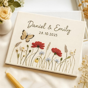 Personalized Floral Wedding Guest Book, Wedding Guestbook Ideas, Custom Wildflowers Hand Embroidered Linen Hardbound Scrapbook, Memory Book