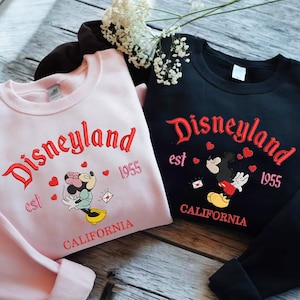 Disneyland Mickey And Minnie Embroidered Sweatshirts, Magical Land Valentine Embroidered Hoodie, Cartoon Mouse Couple Embroidered Crewneck