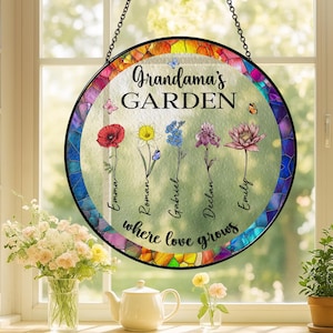Grandma&#39;s Garden Suncatcher Gift For Grandma,Personalized Birth Flower Stained Glass Window Hanging Suncatcher,Mother&#39;s Day Gift For Mom