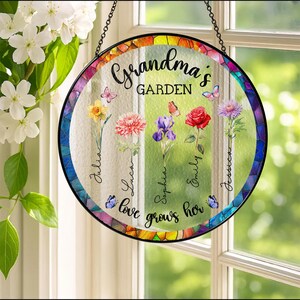 Personalized Grandma&#39;s Garden Suncatcher Gift For Grandma, Grandma Gift, Mother&#39;s Day Gift For Grandma,Nana Birth Month Flower Stained Glass