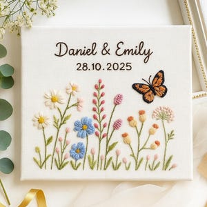 Personalized Flower Garden Wedding Guest Book, Custom Name Floral Hand Embroidered Linen Guestbook, Memory Scrapbook, Wedding Keepsake Gift