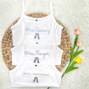 Custom Embroidered Bride Tank Top Last Name Custom Bachelorette Party Bride Last Name Shirt Wedding Day Tank Top Getting Ready Top Bride