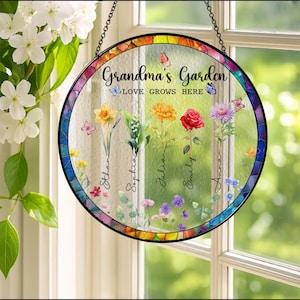 PersonalizedGrandma&#39;s Garden Stained Glass, Custom Love Grows Here Suncatcher, Birth Month Flowers With Names Gift, Mothers Day Gift