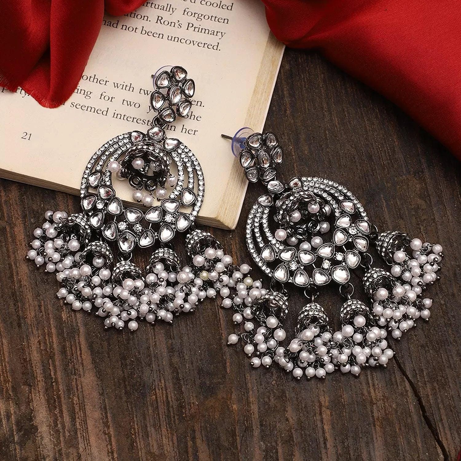 Elegant Black & Silver Zircon Chandbali Earrings | Traditional Indian Jhumka Style