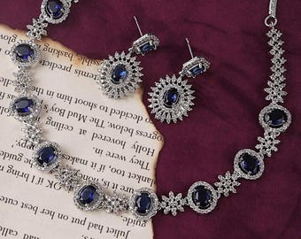 Elegant Blue Ryan Necklace & Earring Set | Sparkling Zircon Necklace with Royal Blue Stones