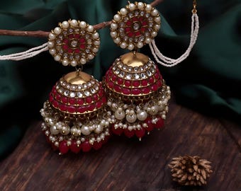 Elegant Ruby & Pearl Jhumka Earrings with Sahara | Luxe Traditional Indian Jewelry