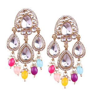 May include: A pair of gold-tone dangle earrings with clear crystal stones and colorful beads. The earrings have a teardrop shape and are decorated with small, sparkling stones.