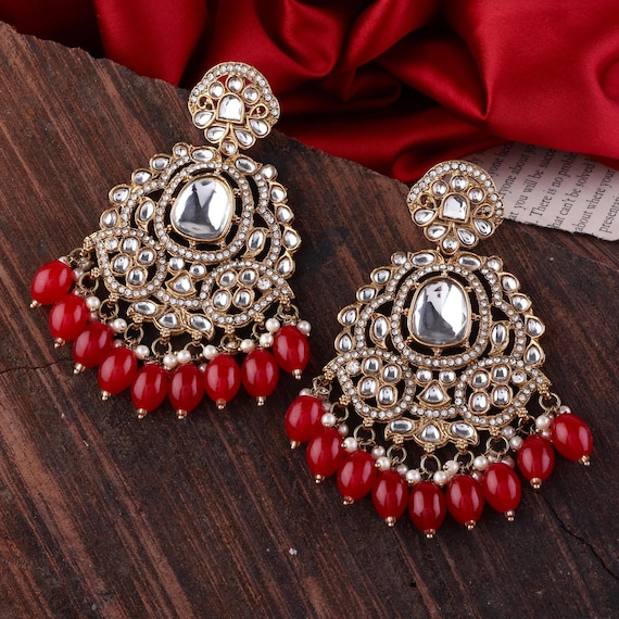 Red Aarti Chandbali Earrings Traditional Indian Gold and Red