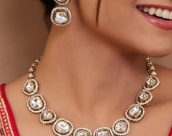 Polki Crystal Necklace Set | Elegant Polki Dupe Necklace with Matching Earrings & Teeka