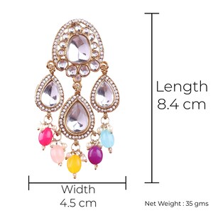 May include: A gold-tone earring with a teardrop-shaped design. The earring features clear rhinestones and colorful beads in pink, yellow, blue, and purple. The earring measures 8.4 inches in length and 4.5 inches in width. Net Weight: 35 grams.