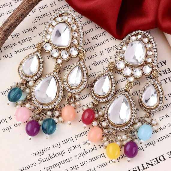 Multi-Color Chandbali Earrings | Statement Kundan Earrings with Pearls & Beads