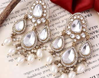 Elegant Pearl Chandbali Earrings | Traditional Designer Pearls and Kundan Stones
