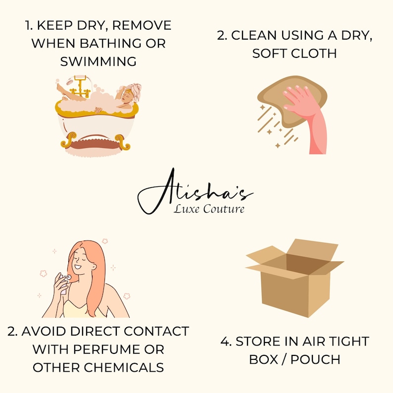 May include: Illustration of four steps for caring for jewelry. The first step is to keep jewelry dry and remove it when bathing or swimming. The second step is to clean jewelry using a dry, soft cloth. The third step is to avoid direct contact with perfume or other chemicals. The fourth step is to store jewelry in an airtight box or pouch.