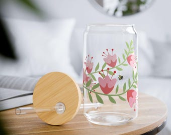 Vaso de vidrio floral Libbey de 16 oz con tapa de bambú para bebidas heladas