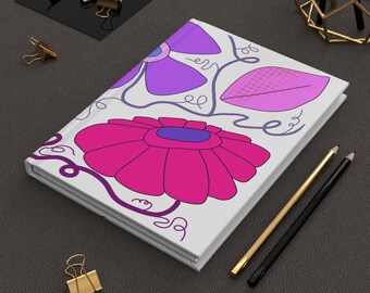 Diario floral de mediados de siglo, de tapa dura, rosa y morado, 75 páginas rayadas