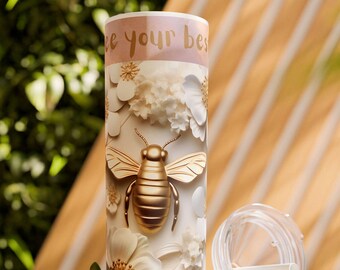 Vaso delgado con temática de abeja con tapa y pajita, 20 oz