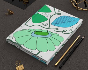 Cuaderno de tapa dura con diseño floral moderno de mediados de siglo: cuaderno con líneas verdes y azules