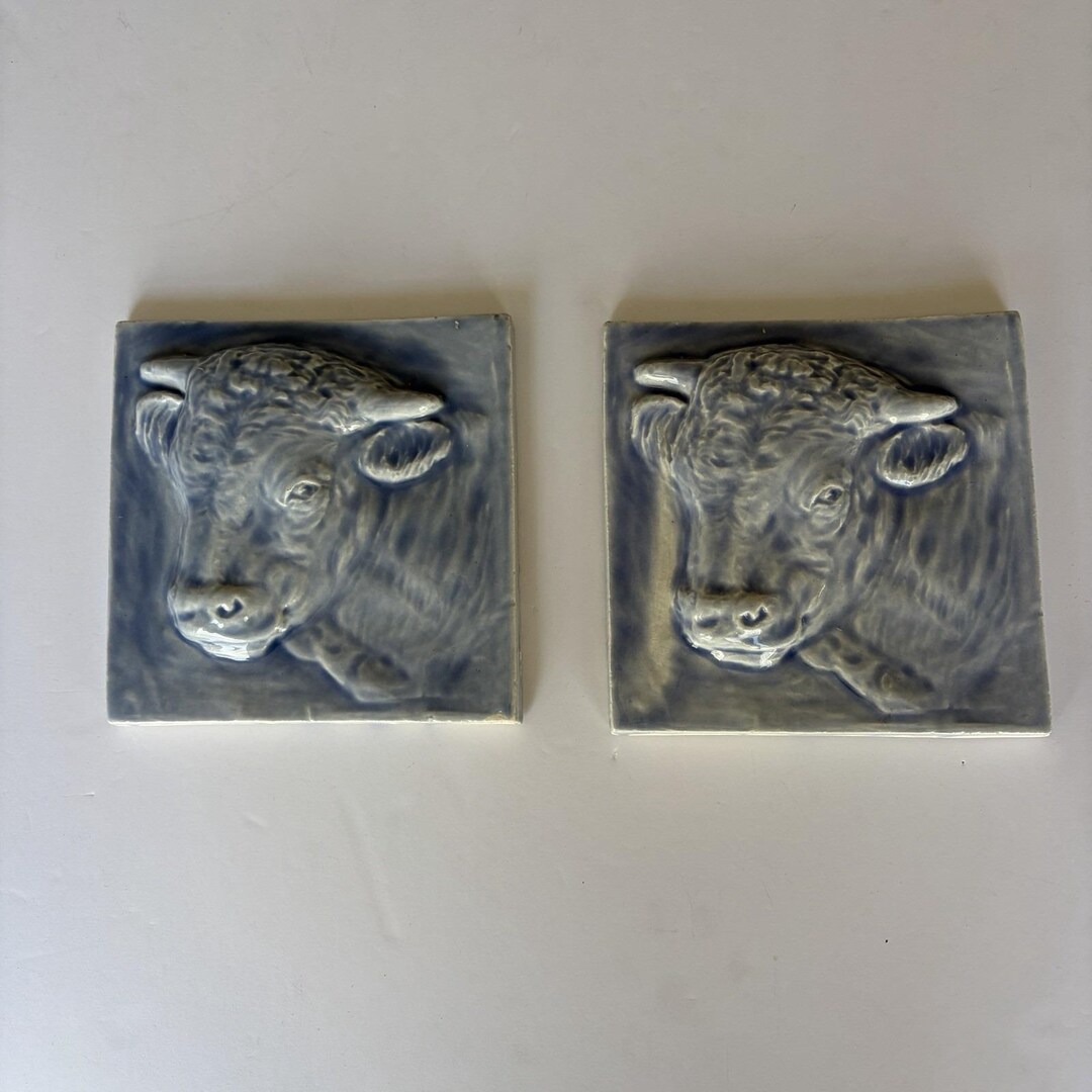Pair Blue Glazed Bull Relief Tiles 6x6 Art Pottery Ceramic Wall Plaque ...