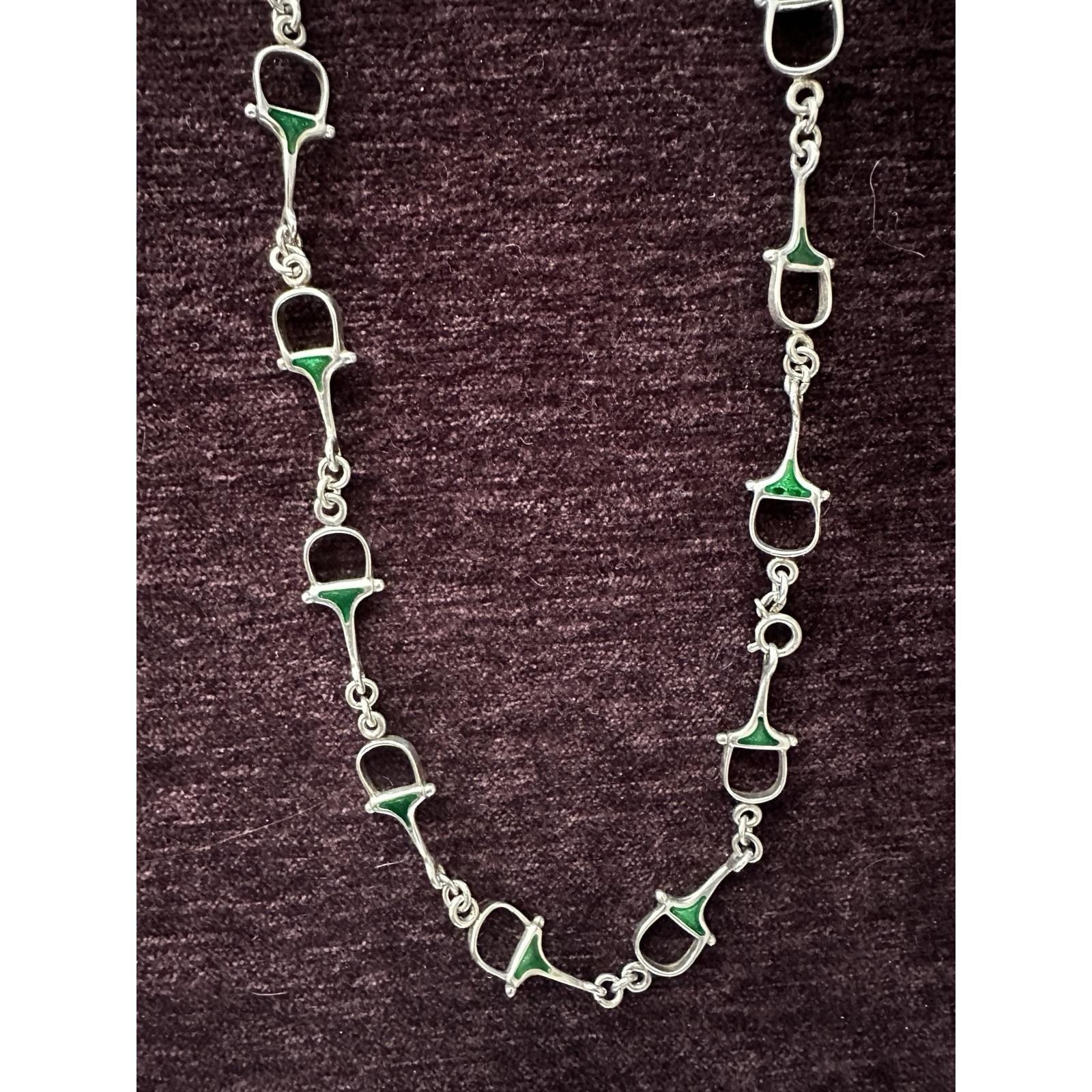 Snaffle Bit Style Sterling Silver With Green Enamel Necklace - Rare!!!