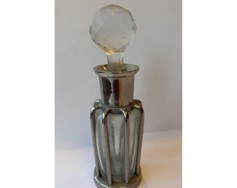 Metal Caged Blown Glass Perfume Bottle Faceted Stopper Vintage Metal 6"