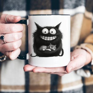 Monster and Cat Mug Silly Monster Cup Cutee Monster Mug Cute Silly Monster Cup Smile Monster Mug Funny Halloween Monster Cup Grey Cat Mug
