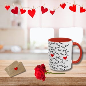 Love Coffee Mug Romantic Coffee Cup Gift for Valentine&#39;s Day Word Mug Gift for Anniversary Red Hearts Coffee Mug Gift for Her Gift for Him