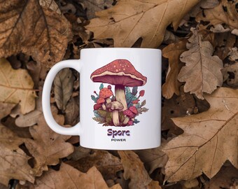 Boho Mushrooms Coffee Mug, Spore Power, Mushroom Lover Gift, Nature Inspired Kubek, Hippie Style Cup